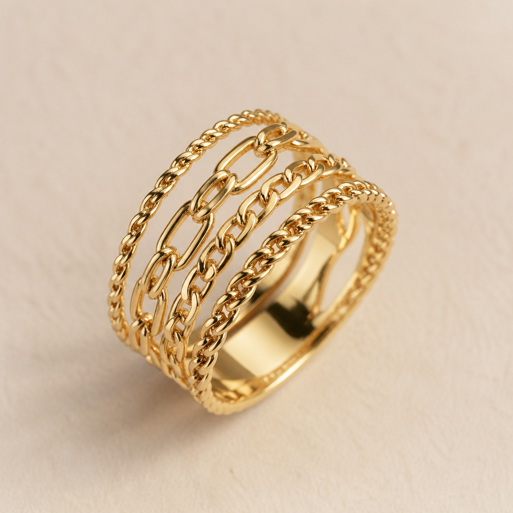 A women's ring. varias correntes de ouro
photorealistic jewelry design, A women's ring. varias correntes de ouro, modern style, just the design no text