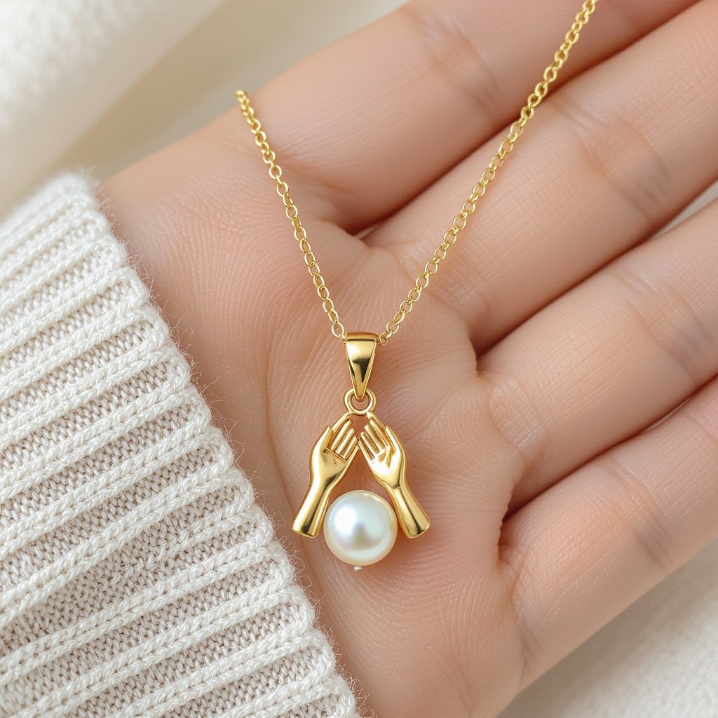 Украшение на шею золотая цепочка с подвеской в виде двух ладоней которые держат жемчужину по центру