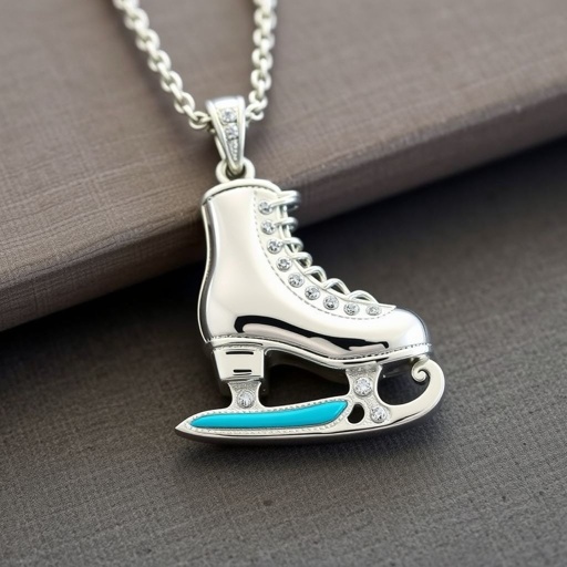 Silver Pendant shape one ice skate with turquoise stripe inside the low thin part blade