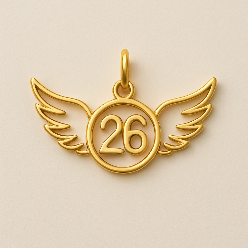 Gold charm with two spread wings and number 26 encircled 