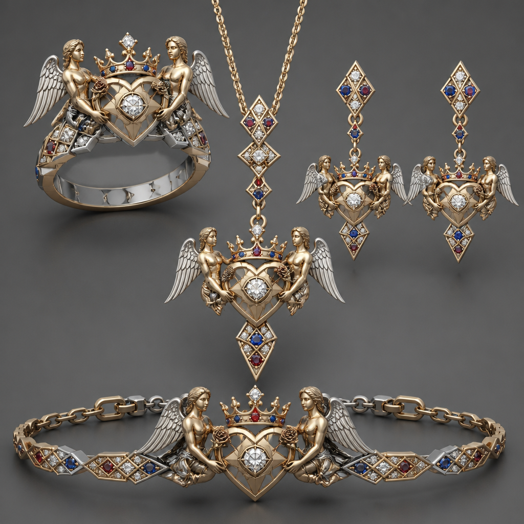 A geometric women's ring made of mixed metal with diamond and ruby and sapphire stones suitable for wedding. An extraordinary beautiful delicate elegant and excellent set of jewelry with a beautiful delicate and elegant ring, two ear rings, a pendant and a bracelet with a heart at the middle and a diamond in the middle of the heart over the heart to be placed a beautiful delicate and elegant queen crown with a diamond in the middle and rubies and sapphires all around the crown, with an extraordinary beautiful delicate and elegant female Angel with a beautiful delicate and elegant face with long hair holding a heart with Her right hand and a rose with Her left hand at the right side of the heart and an extraordinary beautiful delicate and elegant male Angel with an extraordinary beautiful delicate elegant and fit body with a beautiful delicate and elegant face with short hair holding a heart with His right hand and a rose with His left hand at the left side of the heat. Both Angels to be placed to all the items of the set. The Angels to be adult Angels at all the items of the set. The crown to be placed on the heart.