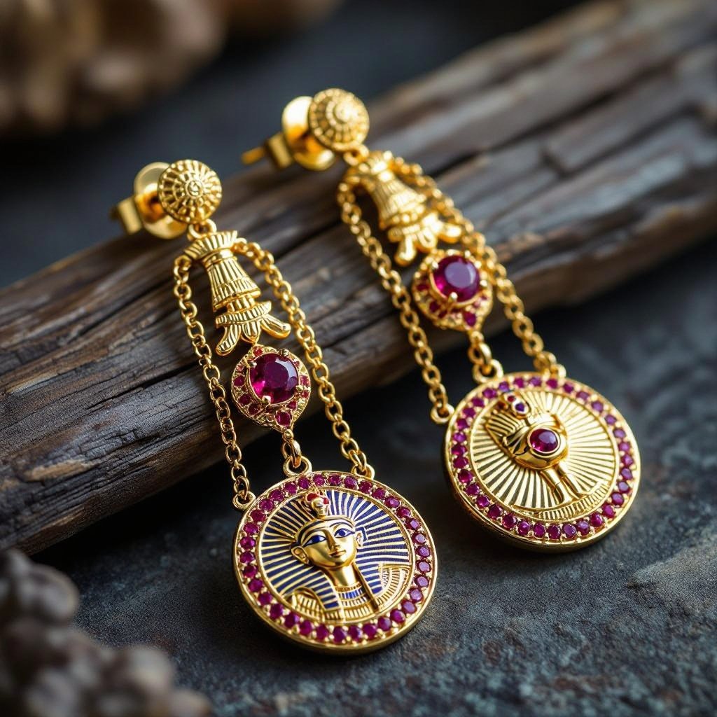 Zotot long earrings with a pendant symbolic image of the Egyptian god Ra symbol of the sun long chains