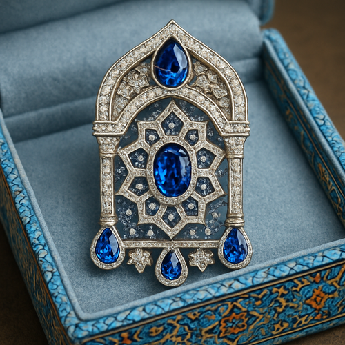 realistic macro photo of a luxury brooch inspired by Persian architecture, made of white gold, decorated with blue sapphires and white diamonds, sharp focus on gemstones and prongs, ultra detailed, natural lighting, studio background, placed inside a light blue velvet box decorated with traditional Persian architectural motifs, the patterns on the box are inspired by the colorful tile designs of Iranian buildings, realistic texture, intricate details, 8k realistic jewelry photography –ar 1:1 –v 6 –style raw –q 2 –hd