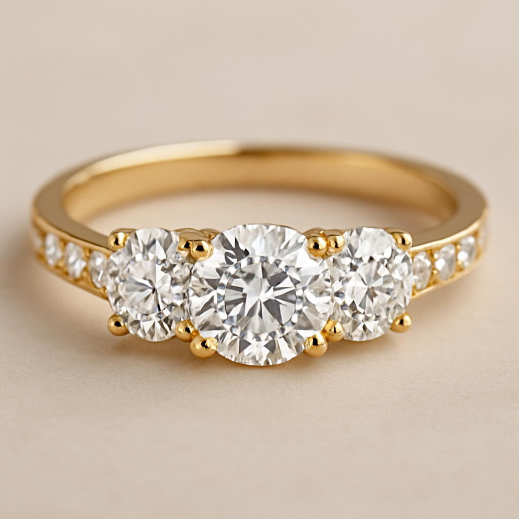 Gold engagement ring with two big diamonds in the middle, two medium diamonds going down the ring then following and two small diamonds.