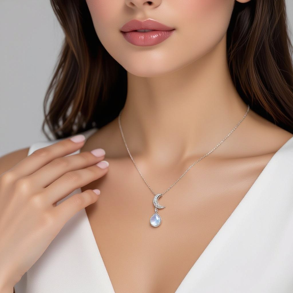 Луна полумесяцем с мелкими камушками и маленький в виде кристала лунный камень подвеска