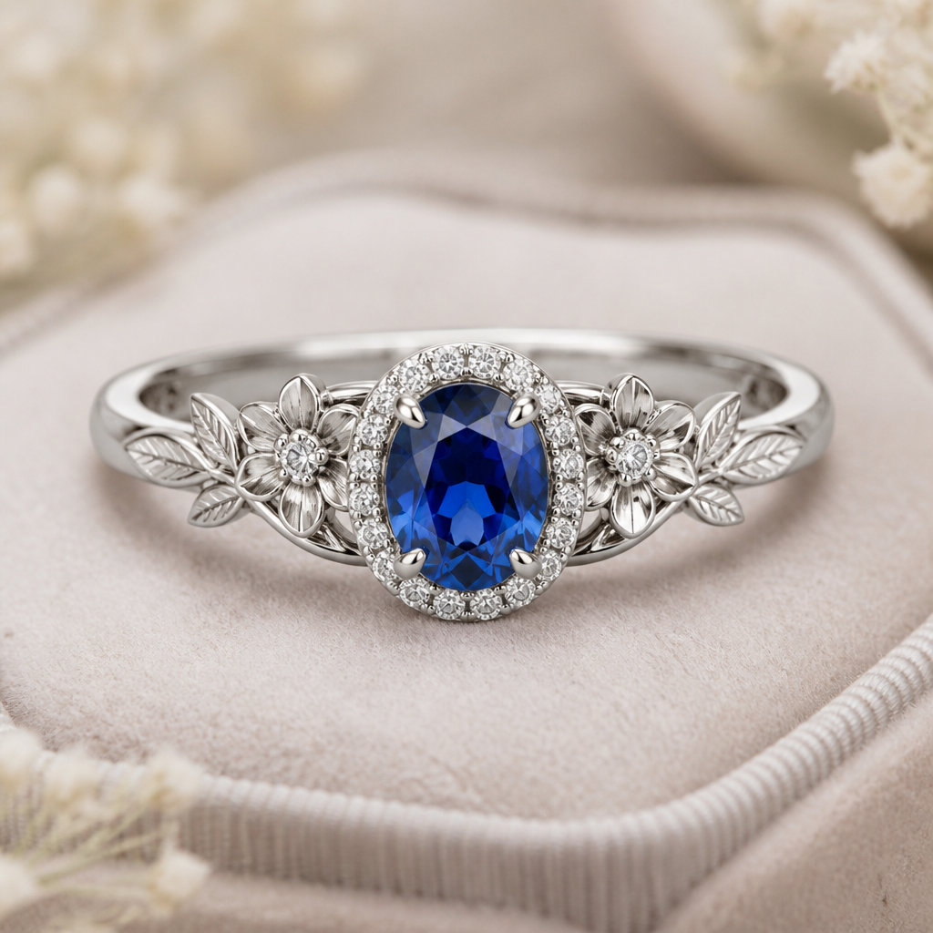 A classic women's ring made of silver with sapphire stones suitable for engagement. Center Stone
A deep blue sapphire as the main gemstone, set slightly raised so light can enter the stone.
Oval or round sapphire shape for a timeless look.
A thin halo of tiny diamonds or small clear stones (optional) to make the sapphire sparkle.
Band Shape
A slim, smooth band with a gentle curve that flows toward the sapphire.
The ring face should be medium-sized — noticeable but still delicate.
Side Flower Design
Add small floral vines on both sides of the sapphire.
Each side could have:
One small flower bud near the stone
Tiny engraved leaves flowing down the band
Small accent diamonds or gemstones inside the flower centers
Keep the flowers subtle so they frame the sapphire instead of overpowering it.
Metal Finish
Polished white gold or platinum for a classic, icy look with the blue sapphire.
A brushed finish on the sides of the band could add a soft, handmade feel.
The flower details could have a slightly raised texture to make them stand out.
Overall Style:
A sapphire garden ring — a deep blue gemstone surrounded by delicate blooming flowers, elegant and feminine without being overly flashy.
photorealistic jewelry design, A classic women's ring made of silver with sapphire stones suitable for engagement. Center Stone
A deep blue sapphire as the main gemstone, set slightly raised so light can enter the stone.
Oval or round sapphire shape for a timeless look.
A thin halo of tiny diamonds or small clear stones (optional) to make the sapphire sparkle.
Band Shape
A slim, smooth band with a gentle curve that flows toward the sapphire.
The ring face should be medium-sized — noticeable but still delicate.
Side Flower Design
Add small floral vines on both sides of the sapphire.
Each side could have:
One small flower bud near the stone
Tiny engraved leaves flowing down the band
Small accent diamonds or gemstones inside the flower centers
Keep the flowers subtle so they frame the sapphire instead of overpowering it.
Metal Finish
Polished white gold or platinum for a classic, icy look with the blue sapphire.
A brushed finish on the sides of the band could add a soft, handmade feel.
The flower details could have a slightly raised texture to make them stand out.
Overall Style:
A sapphire garden ring — a deep blue gemstone surrounded by delicate blooming flowers, elegant and feminine without being overly flashy., classic style, just the design no text