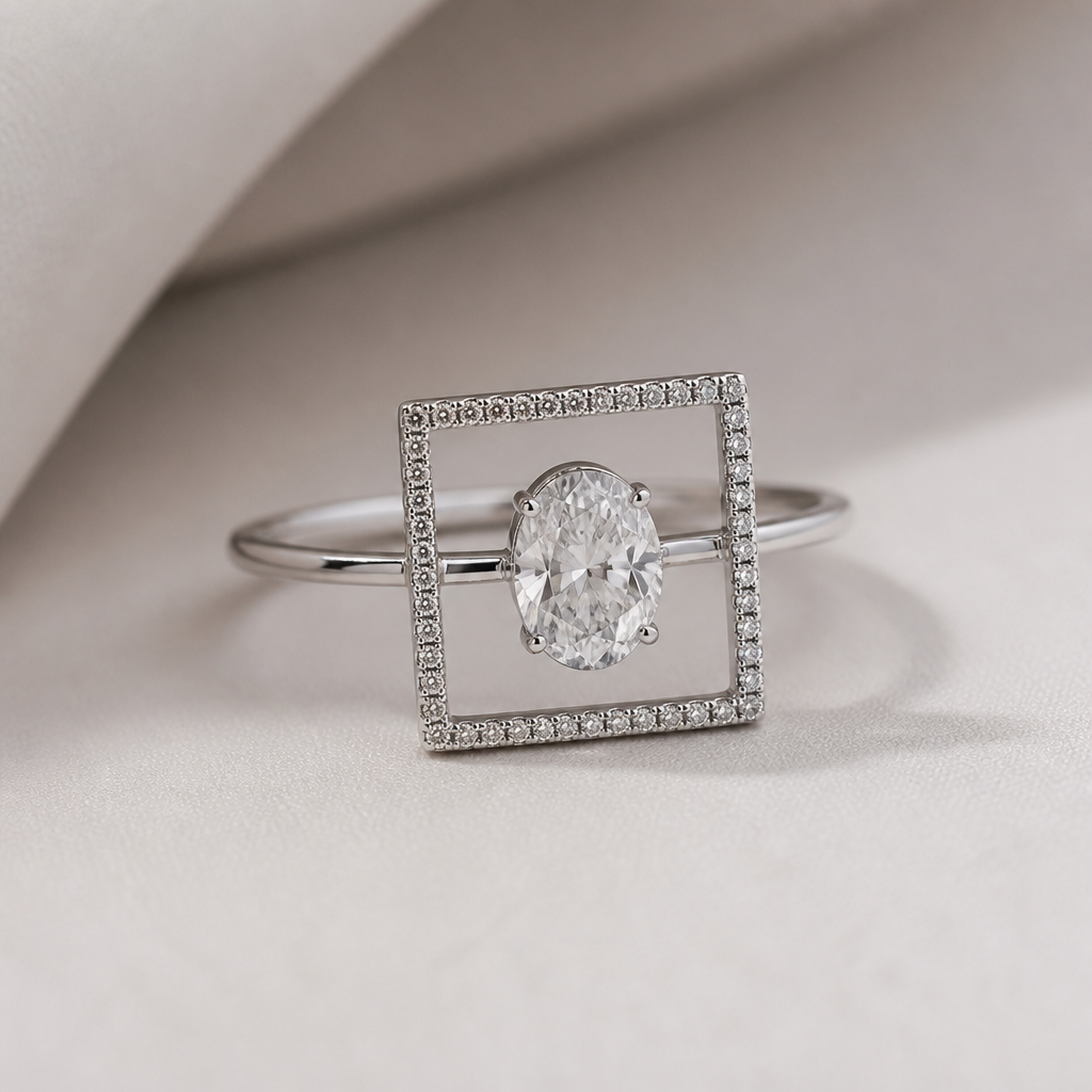 A women's ring made of silver with diamond stones. bague sertie d'un diamant oval, à l'intérieur du carré droit ligne remplie de petit diamant feminin, delicat, minimaliste metal tres fin, avec un vide entre loval et le carré
photorealistic jewelry design, A women's ring made of silver with diamond stones. bague sertie d'un diamant oval, à l'intérieur du carré droit ligne remplie de petit diamant feminin, delicat, minimaliste metal tres fin, avec un vide entre loval et le carré, modern style, just the design no text