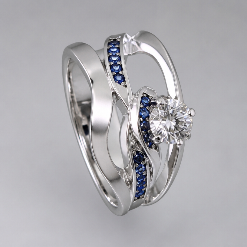 A avant-garde women's ring made of white gold with diamond and sapphire stones. with a center diamond and small sapphires
using the attached image as a visual reference, create A avant-garde women's ring made of white gold with diamond and sapphire stones. with a center diamond and small sapphires. photorealistic, just the design no text