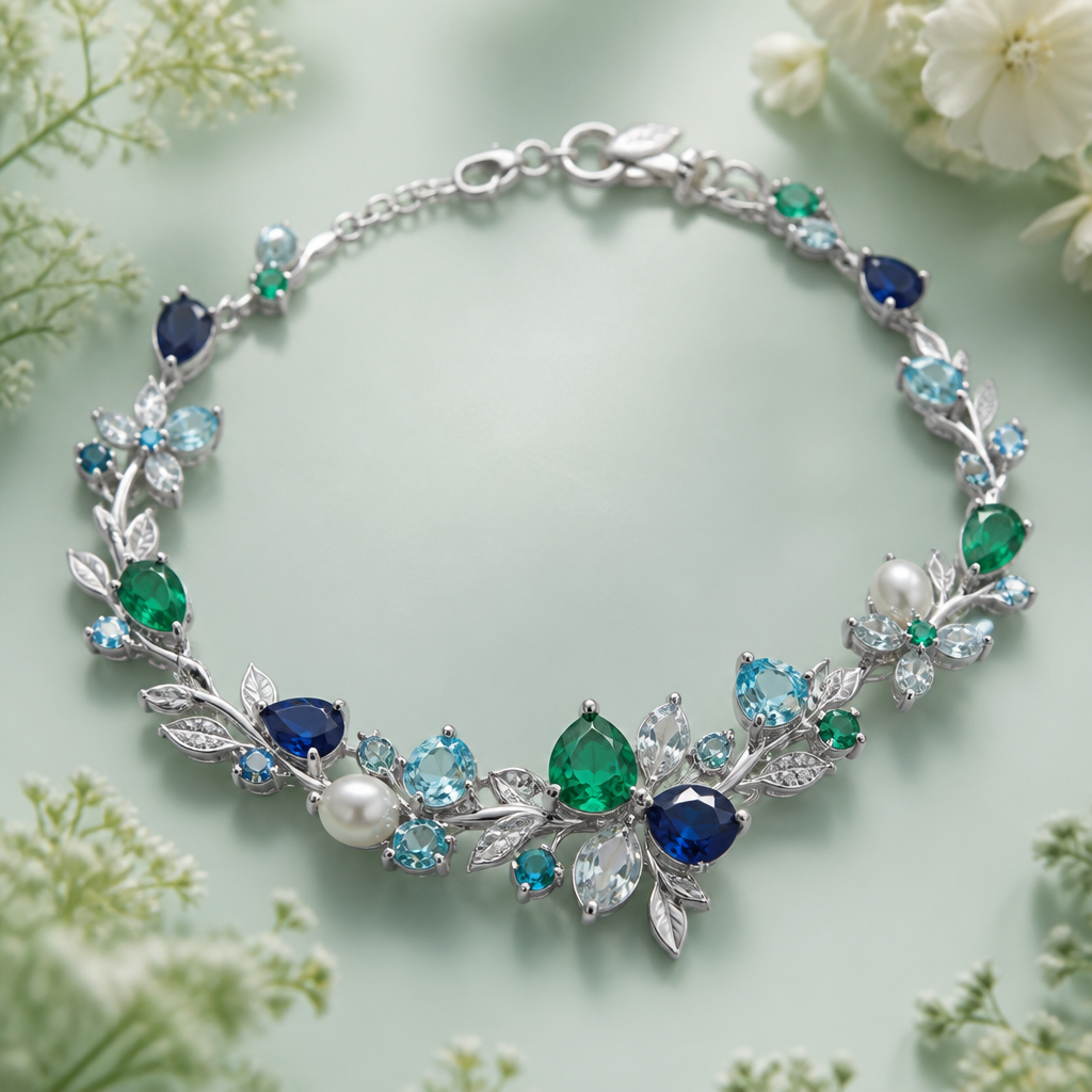 A nature women's bracelet made of white gold with emerald and pearl and sapphire and aquamarine stones suitable for gift