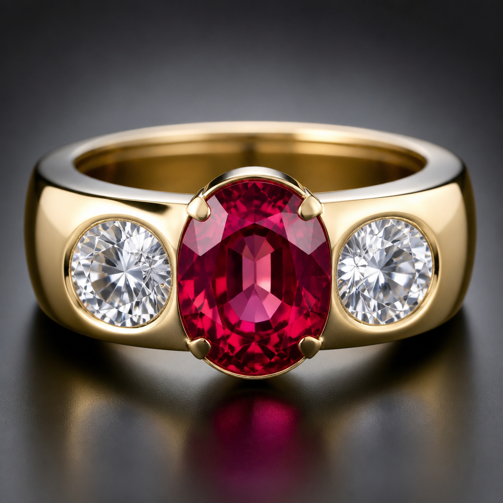 A women's ring with emerald and diamond stones. mittelbreiter gelbgold Ring mit 1 schönen ovalem sehr großen Rubin in der Mitte und links und rechts je 1 Stück 4 karat runde Brillanten eingefasst
photorealistic jewelry design, A women's ring with emerald and diamond stones. mittelbreiter gelbgold Ring mit 1 schönen ovalem sehr großen Rubin in der Mitte und links und rechts je 1 Stück 4 karat runde Brillanten eingefasst, modern style, just the design no text