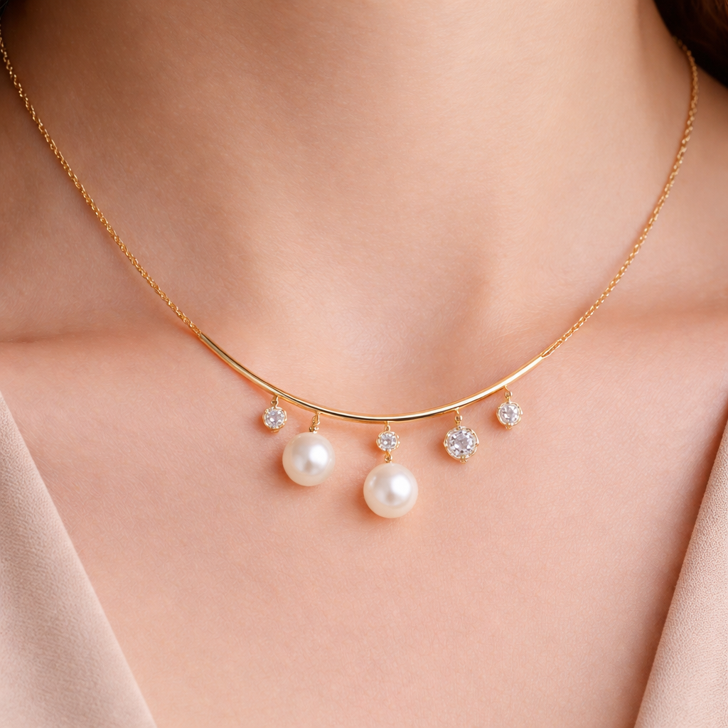 A modern women's necklace made of gold with diamond and pearl stones suitable for daily wear
A modern women's necklace made of gold with diamond and pearl stones suitable for daily wear, modern style
