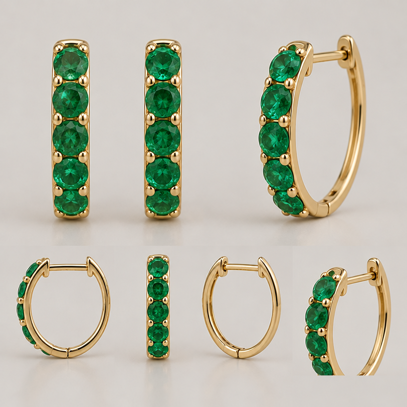 Modify the existing earring design to match the proportions and delicate appearance of the reference photo. Keep exactly 5 green emeralds per earring, preserving their color, round shape, size, spacing, and vertical arrangement. Do not remove, add, or alter any gemstone.
Redesign only the gold structure. Make the gold band thinner and narrower, especially on the back and inner side of the hoop, so less gold is visible and the earring looks lighter, slimmer, and more delicate. Reduce the thickness of the metal surrounding the stones and use minimal gold prongs, just enough to secure each emerald safely. Avoid bulky gold borders, thick sidewalls, or excessive metal between the stones.
Keep the same small huggie hoop shape, yellow gold finish, hinged closure, and overall proportions. The front should look almost entirely like a vertical line of five green emeralds with minimal gold visible around them. Maintain realistic jewelry craftsmanship, secure stone settings, and photorealistic rendering.
Important: Do not change the gemstones. Change only the amount, thickness, and distribution of gold, prioritizing gold reduction on the back of the earring.
edit the attached jewelry design with these instructions: Modify the existing earring design to match the proportions and delicate appearance of the reference photo. Keep exactly 5 green emeralds per earring, preserving their color, round shape, size, spacing, and vertical arrangement. Do not remove, add, or alter any gemstone.
Redesign only the gold structure. Make the gold band thinner and narrower, especially on the back and inner side of the hoop, so less gold is visible and the earring looks lighter, slimmer, and more delicate. Reduce the thickness of the metal surrounding the stones and use minimal gold prongs, just enough to secure each emerald safely. Avoid bulky gold borders, thick sidewalls, or excessive metal between the stones.
Keep the same small huggie hoop shape, yellow gold finish, hinged closure, and overall proportions. The front should look almost entirely like a vertical line of five green emeralds with minimal gold visible around them. Maintain realistic jewelry craftsmanship, secure stone settings, and photorealistic rendering.
Important: Do not change the gemstones. Change only the amount, thickness, and distribution of gold, prioritizing gold reduction on the back of the earring.. keep it photorealistic, just the design no text