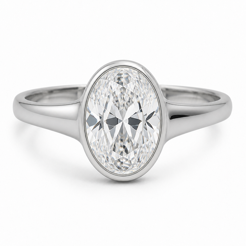 with a 10 ct oval diamond bezel setting
edit the attached jewelry design with these instructions: with a 10 ct oval diamond bezel setting. keep it photorealistic, just the design no text