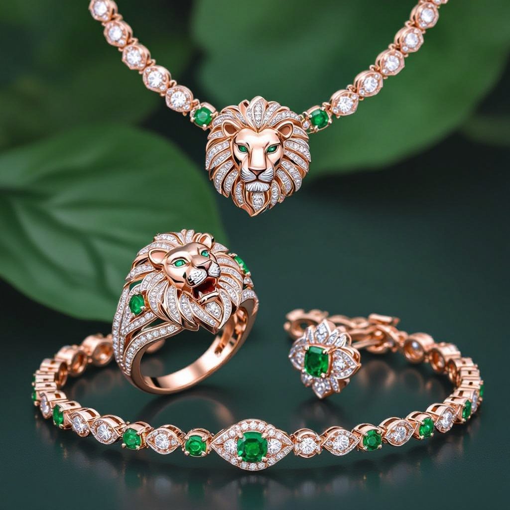 Necklace and ring and bracelet and Earrings set of Lion king edges Geometric lion ring of rose gold and white goldGeomatricw lion of architecture shape and edge of diamonds and emerlad of rose gold 
