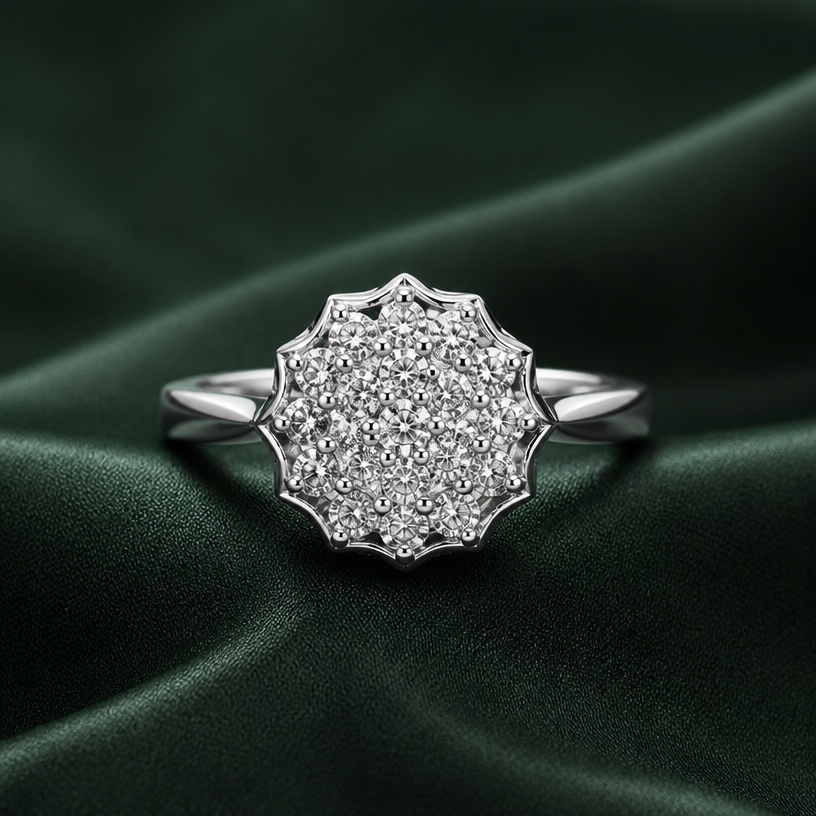 A women's ring. make it in silver jewellery same design and push back
using the attached image as a visual reference, create A women's ring. make it in silver jewellery same design and push back. photorealistic, just the design no text