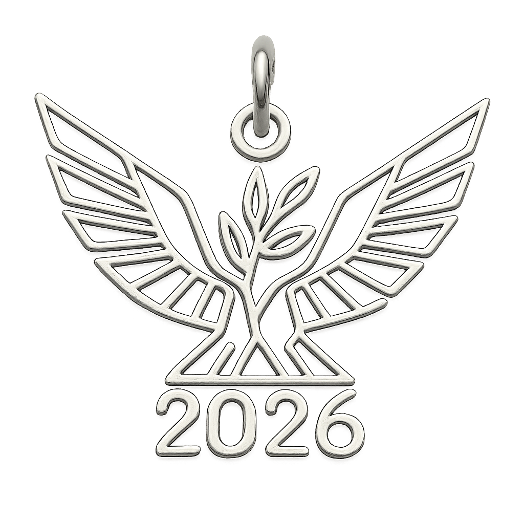 Silver cut-out charm only with  two spread out bird wings, an olive branch and  along year 2026