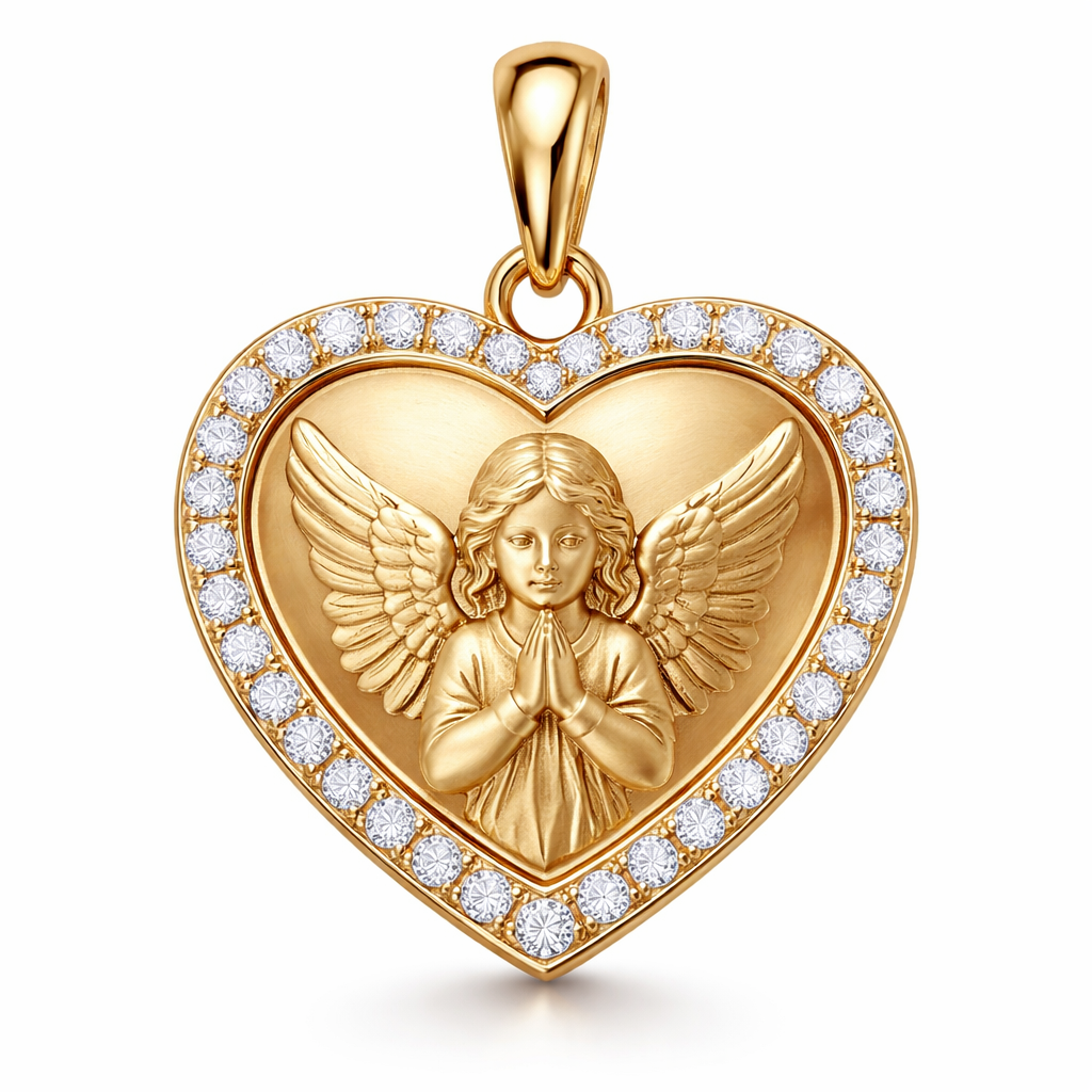 Gold heart pendant with guardian angel on surface and Pavé diamond border around heart, gold bale
Gold heart pendant with guardian angel on surface and Pavé diamond border around heart, gold bale, contemporary style