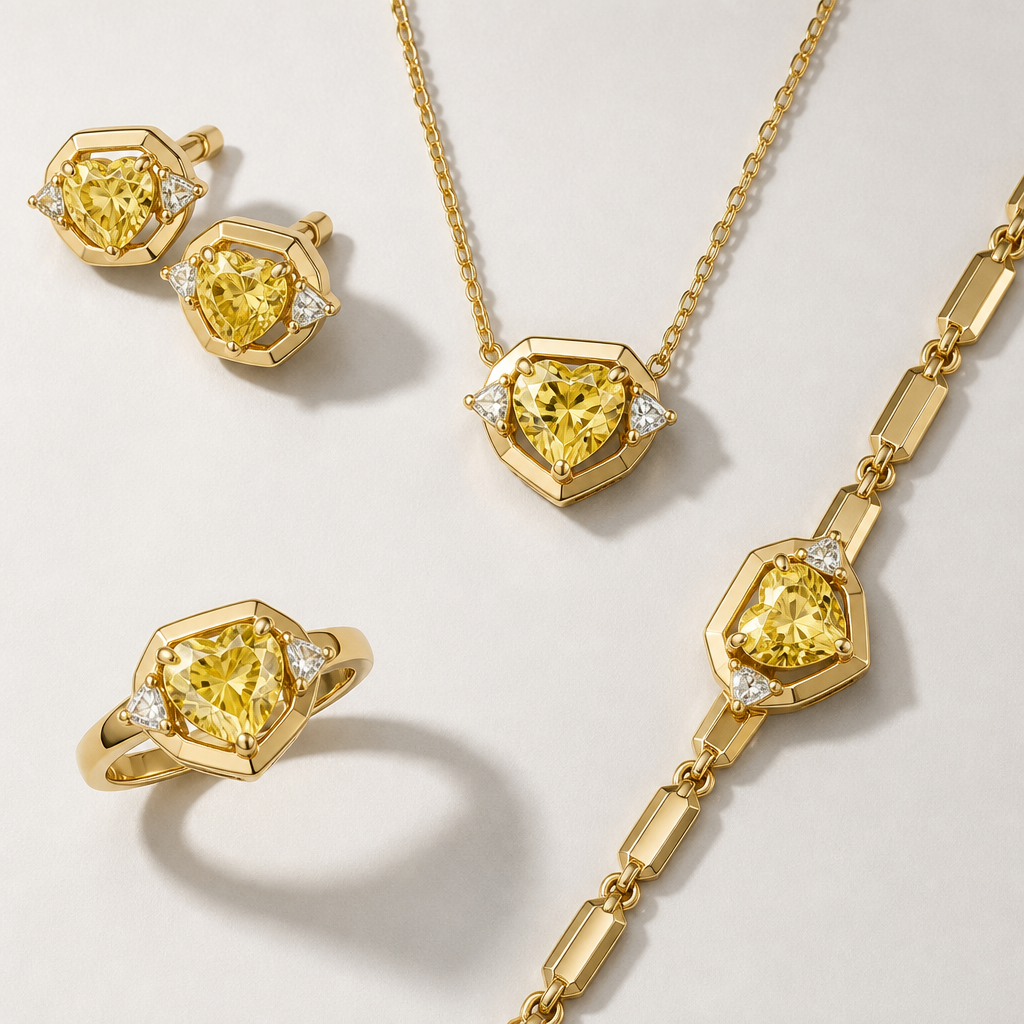 3ct heart shaped yellow diamond with side stones earrings, necklace, bracelet and ring in yellow gold
photorealistic jewelry design, 3ct heart shaped yellow diamond with side stones earrings, necklace, bracelet and ring in yellow gold, geometric style, just the design no text