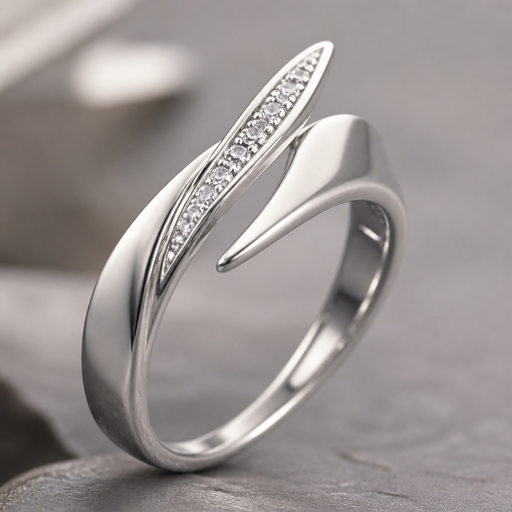 A modern women's ring made of silver
photorealistic jewelry design, A modern women's ring made of silver, modern style, just the design no text