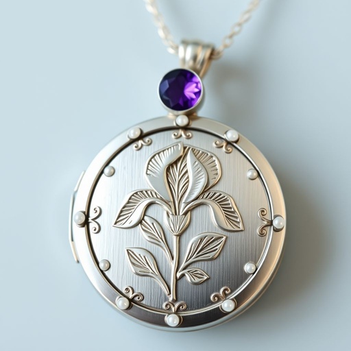 Locket is round shaped with an amethyst stone on top of an engraved Iris Flower