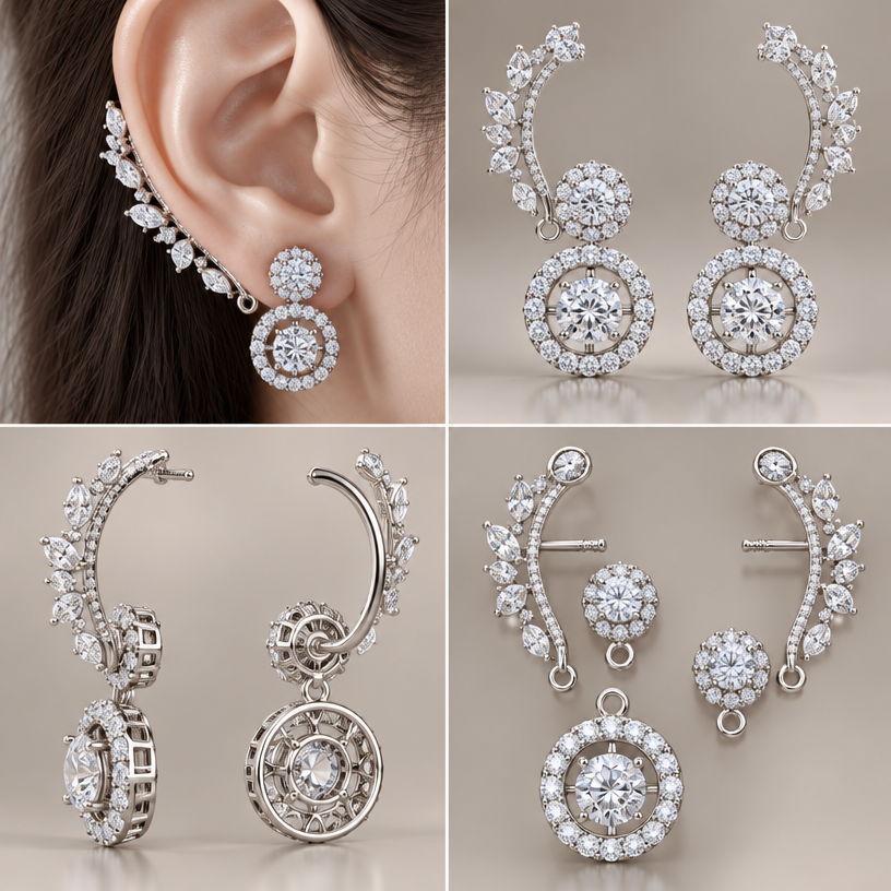 A women's earrings, highly ornate, intricate and elaborate, richly detailed. ตามแบบที่แนบไป สามารถถอดออกเป็นชิ้นๆ ได้, 4 view,เป็นตุ้งติ้งอ้อมหลังหู
using the attached image as a visual reference, create A women's earrings, highly ornate, intricate and elaborate, richly detailed. ตามแบบที่แนบไป สามารถถอดออกเป็นชิ้นๆ ได้, 4 view,เป็นตุ้งติ้งอ้อมหลังหู. photorealistic, just the design no text