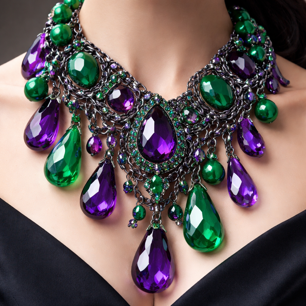 A statement necklace using green and purple beads