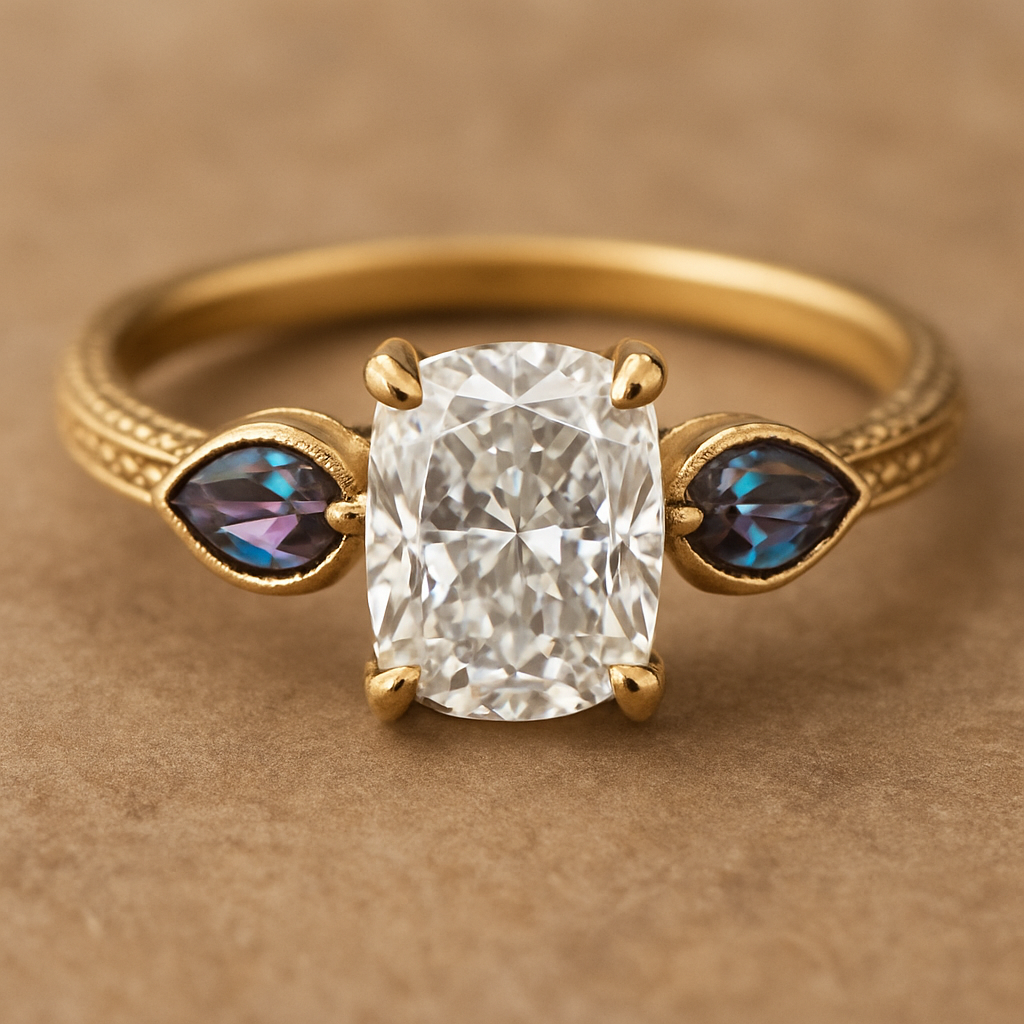2 carat elongated cushion cut diamond engagement ring with double claw prongs in yellow gold ring with marquise shaped alexandrite side stones
