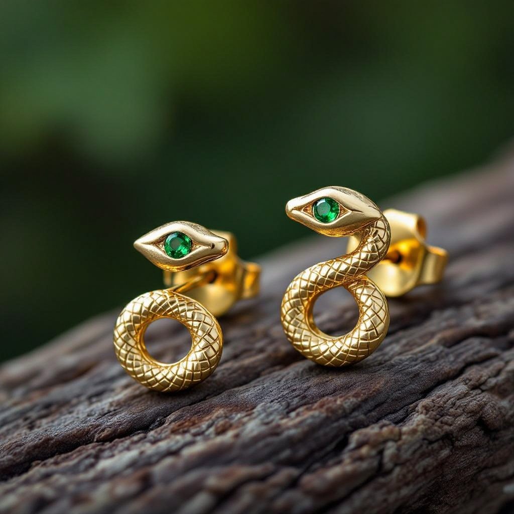 Небольшие золотые матовые серьги в виде символической змеи