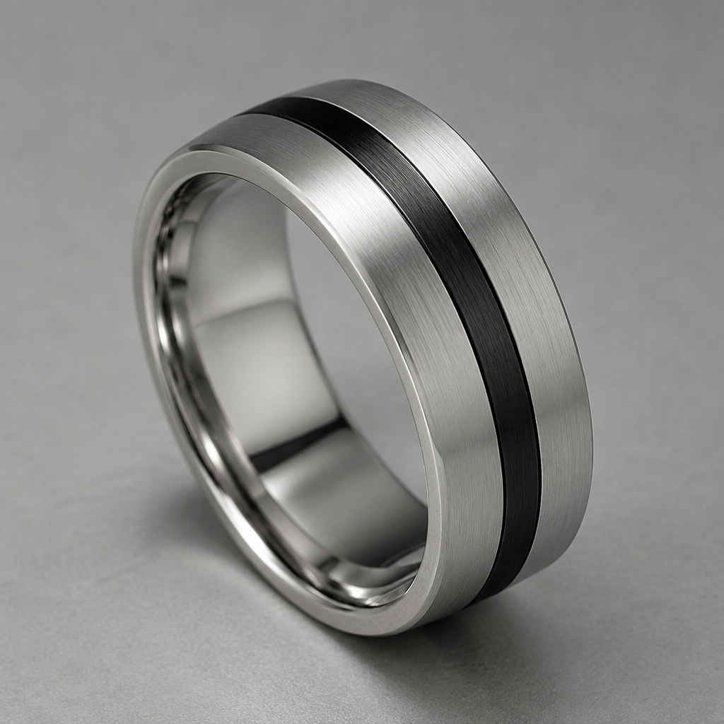 A industrial men's ring made of white gold. it's silver and circular and have a Black line around it
photorealistic jewelry design, A industrial men's ring made of white gold. it's silver and circular and have a Black line around it, industrial style, just the design no text