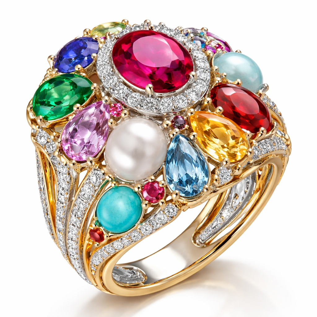 A women's ring made of mixed metal with ruby and diamond and pearl and emerald and sapphire and amethyst and opal and topaz and garnet and turquoise and aquamarine stones