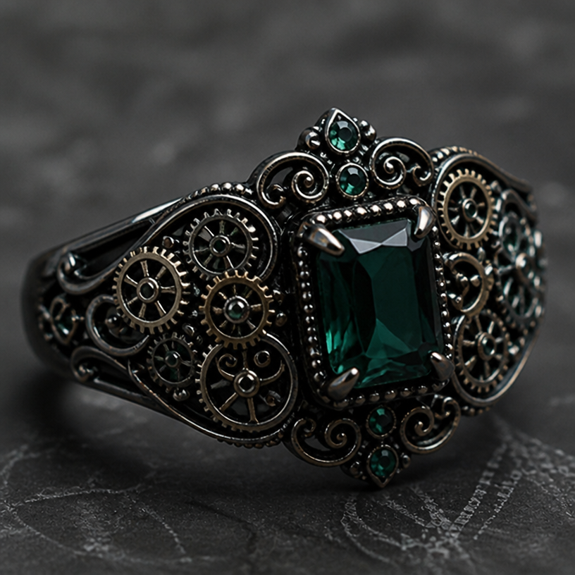 More gears and wheels, make stone rectangle and laying on its side
edit the attached jewelry design with these instructions: More gears and wheels, make stone rectangle and laying on its side. keep it photorealistic, just the design no text