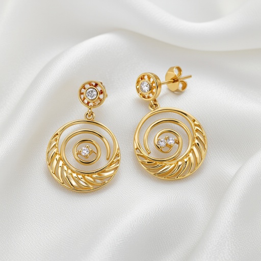 Золотые серьги в виде золотой спиральной ракушки украшенной тремя маленькими камнями 