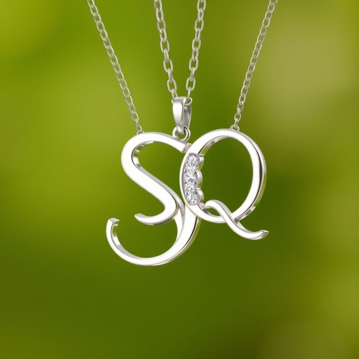silver necklace with the pendant in conjoined letters SQ with white  stones. Make it cute and simple 