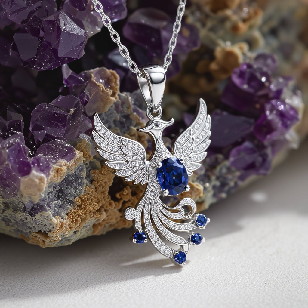 Pendant of phoenix printed on it for women Design a luxurious platinum signet ring that embodies the elegance of Art Deco style, featuring a striking phoenix rendered in intricate geometric patterns. Emphasize bold lines and symmetry, with contrasting finishes for depth. Adorn the ring with brilliant-cut diamonds and emeralds, capturing the spirit of rebirth and timeless sophistication. **Pendant of phoenix printed on white gold with a sapphire gem for women**
