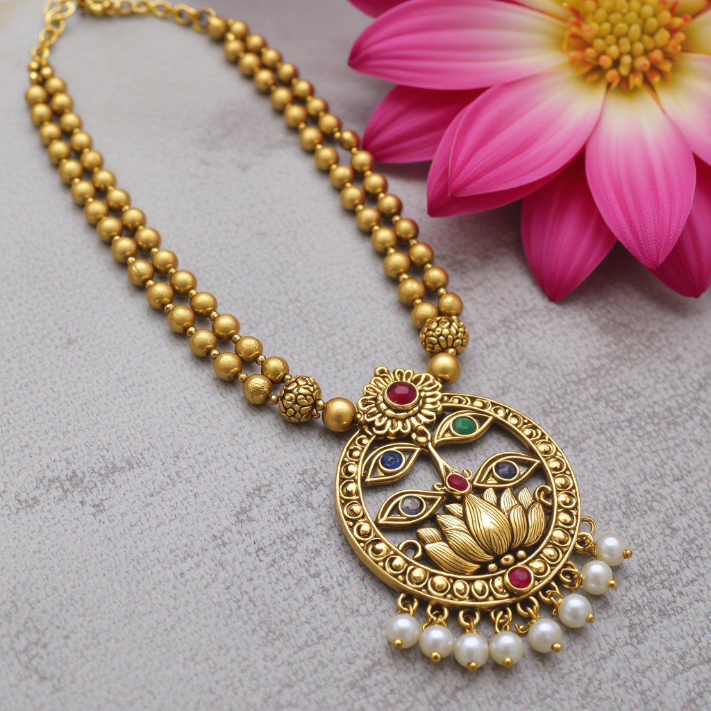 Кулон на длинной цепочке. Матовое светлое золото. В цепочке небольшие золотые шарики и жемчуг. Кулон в виде двух глаз над ними лотос с маленьким красным камнем внутри узоры завитушки 