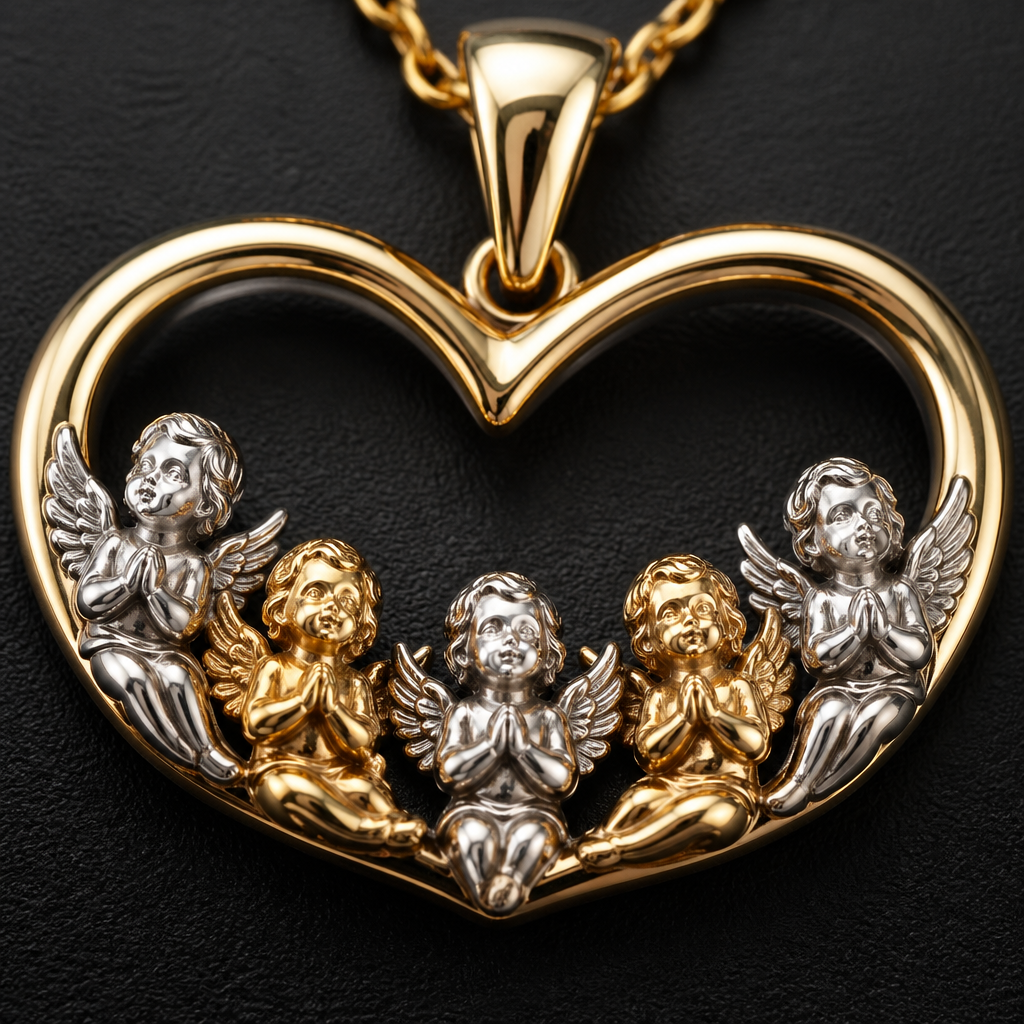 A women's ring. Роскошная золотая подвеска в форме сердца. Пять маленьких детально проработанных ангелочков расположены полукругом вдоль изгиба сердца. Чередование: мальчик (белое золото), девочка (желтое золото), мальчик (белое золото), девочка (желтое золото), мальчик (белое золото). Ювелирная работа, высокая детализация крыльев и лиц, макросъемка, глянцевый блеск металла,
photorealistic jewelry design, A women's ring. Роскошная золотая подвеска в форме сердца. Пять маленьких детально проработанных ангелочков расположены полукругом вдоль изгиба сердца. Чередование: мальчик (белое золото), девочка (желтое золото), мальчик (белое золото), девочка (желтое золото), мальчик (белое золото). Ювелирная работа, высокая детализация крыльев и лиц, макросъемка, глянцевый блеск металла,, modern style, just the design no text