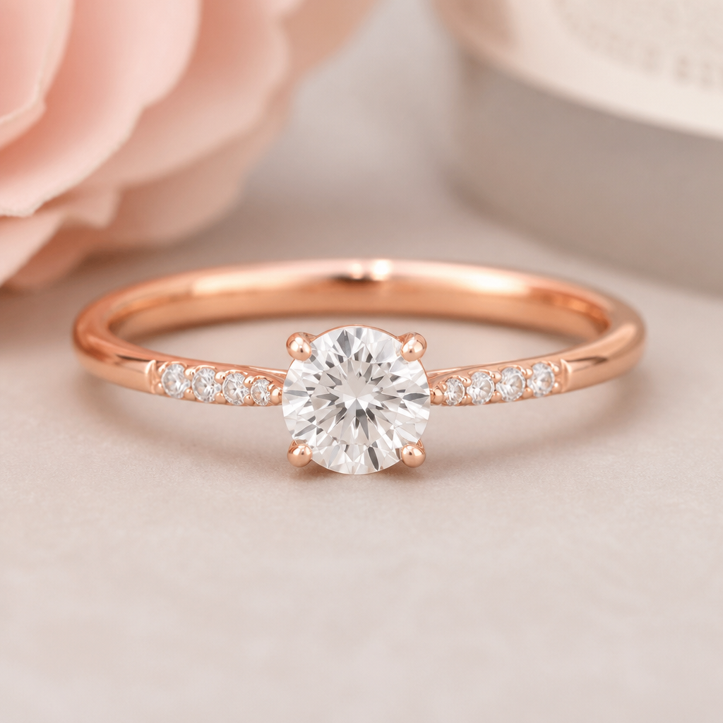 A rose gold women's ring made of gold with diamond stones suitable for engagement, minimalist, simple and delicate, clean lines
photorealistic jewelry design, A rose gold women's ring made of gold with diamond stones suitable for engagement, minimalist, simple and delicate, clean lines, rose_gold style, just the design no text