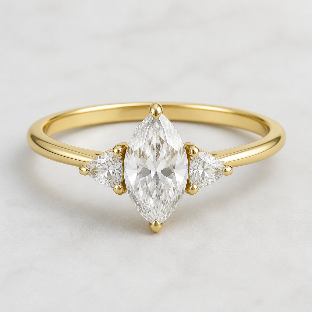 A women's ring. anillo piedra marqueza y dos pequeñas a los costados
photorealistic jewelry design, A women's ring. anillo piedra marqueza y dos pequeñas a los costados, modern style, just the design no text