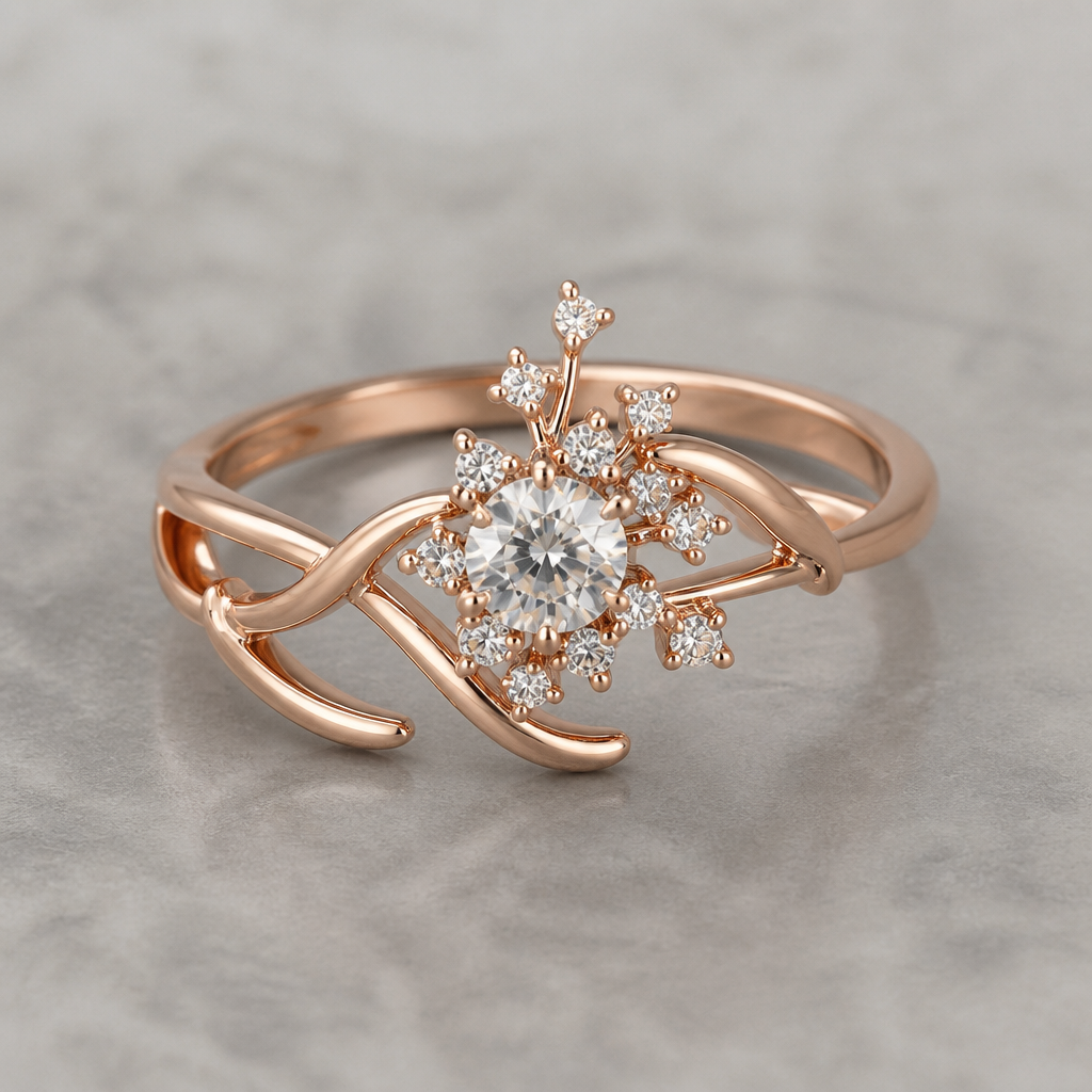 A women's ring. "A rose gold band with an open, asymmetrical design resembling a twisting vine. At the center, a single larger diamond is surrounded by a cluster of smaller diamonds, arranged like a starburst, adding a celestial and unique sparkle to the piece. The overall style is elegant and modern, with a nature-inspired twist."
photorealistic jewelry design, A women's ring. "A rose gold band with an open, asymmetrical design resembling a twisting vine. At the center, a single larger diamond is surrounded by a cluster of smaller diamonds, arranged like a starburst, adding a celestial and unique sparkle to the piece. The overall style is elegant and modern, with a nature-inspired twist.", modern style, just the design no text