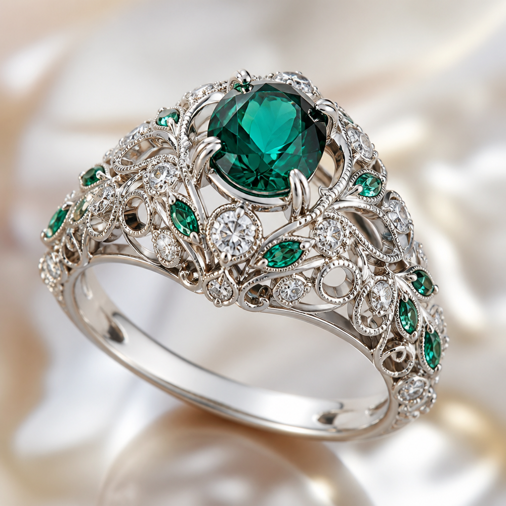 A romantic women's ring made of silver with emerald stones suitable for birthday, highly ornate, intricate and elaborate, richly detailed. un delicado anillo de oro con la piedra esmeralda
photorealistic jewelry design, A romantic women's ring made of silver with emerald stones suitable for birthday, highly ornate, intricate and elaborate, richly detailed. un delicado anillo de oro con la piedra esmeralda, romantic style, just the design no text
