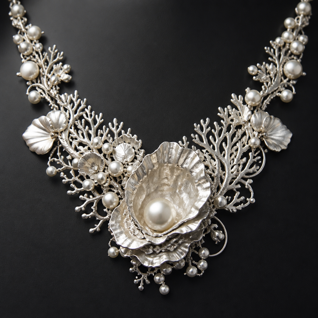 A nature-inspired women's necklace made of silver with pearl stones suitable for gift, highly ornate, intricate and elaborate, richly detailed. Inspired by oyster with pearl, handmade
photorealistic jewelry design, A nature-inspired women's necklace made of silver with pearl stones suitable for gift, highly ornate, intricate and elaborate, richly detailed. Inspired by oyster with pearl, handmade, nature_inspired style, just the design no text