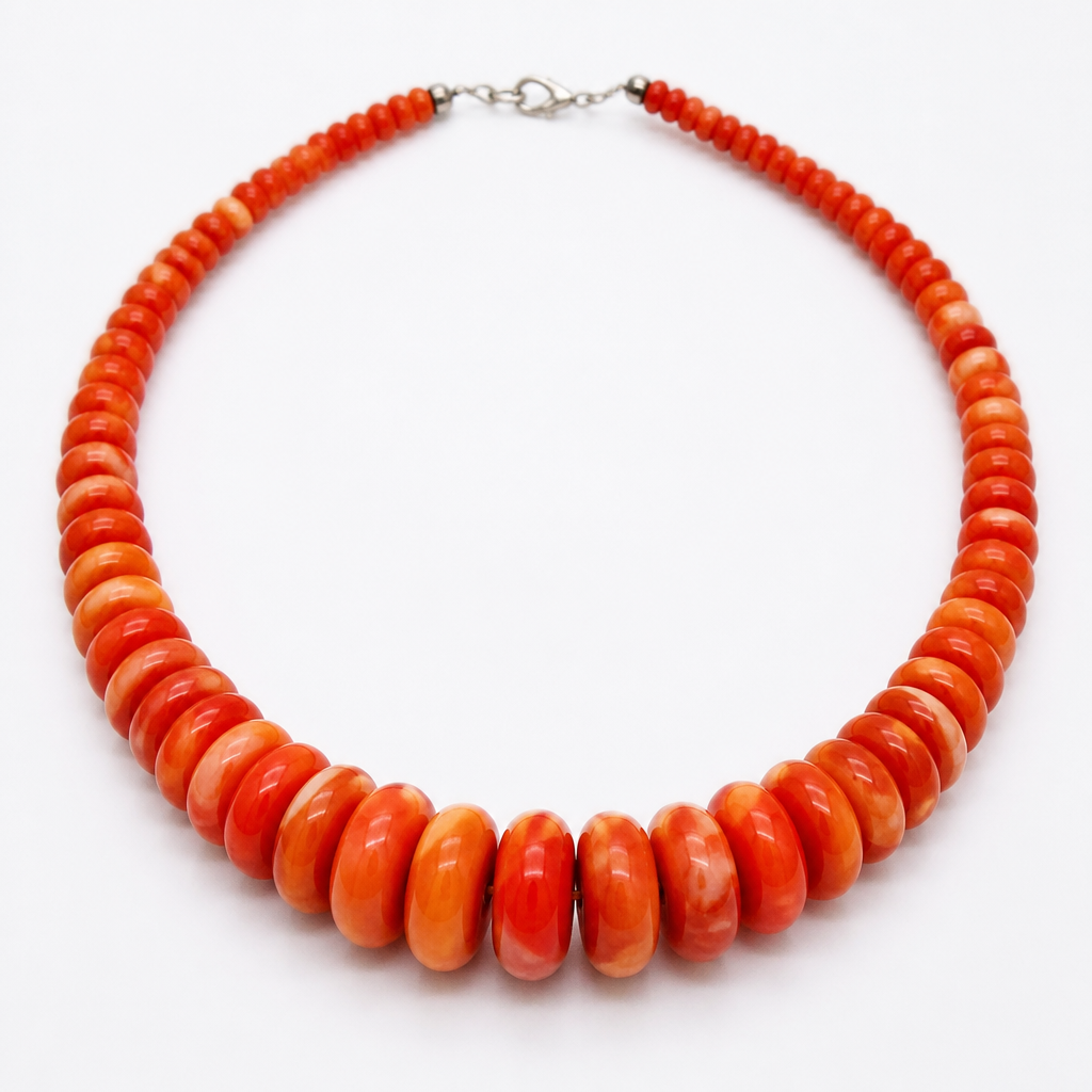 Graduated spiny oyster rondels 8mm to 18mm necklace
photorealistic jewelry design, Graduated spiny oyster rondels 8mm to 18mm necklace
, bohemian style, just the design no text