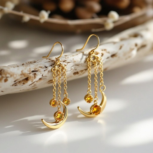 Золотые серьги полумесяц вертикальный 2 см, сверху крепится к швензе. От полумесяца идет три цепочки золотого цвета, у каждой на конце камушек цитрит