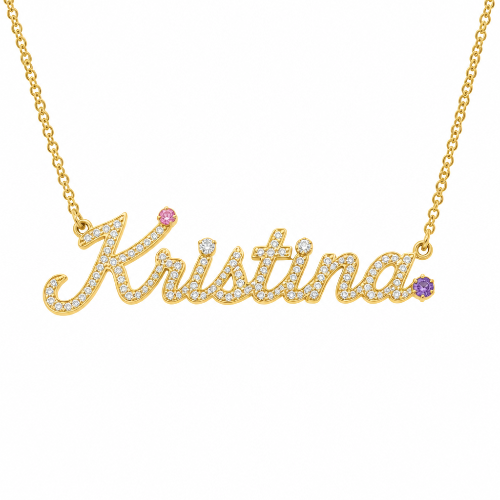 Kristina name necklace in gold with diamonds and gemstones
photorealistic jewelry design, Kristina name necklace in gold with diamonds and gemstones, just the design no text