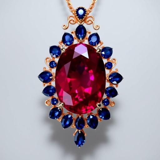 A oval shaped cut, 50 carat ruby and lapis gemstones, FL IF clarity necklace