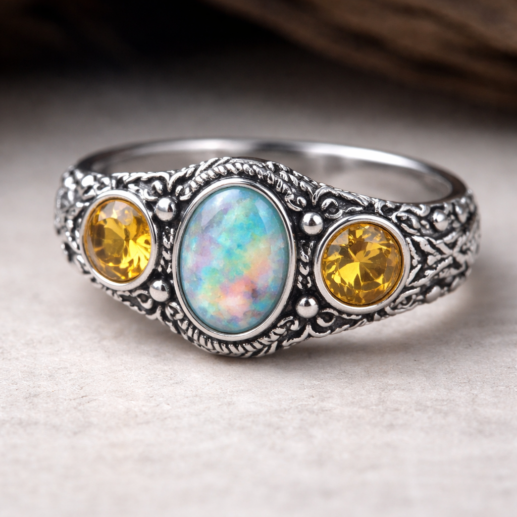 Two round citrine and one oval opal set in silver ring