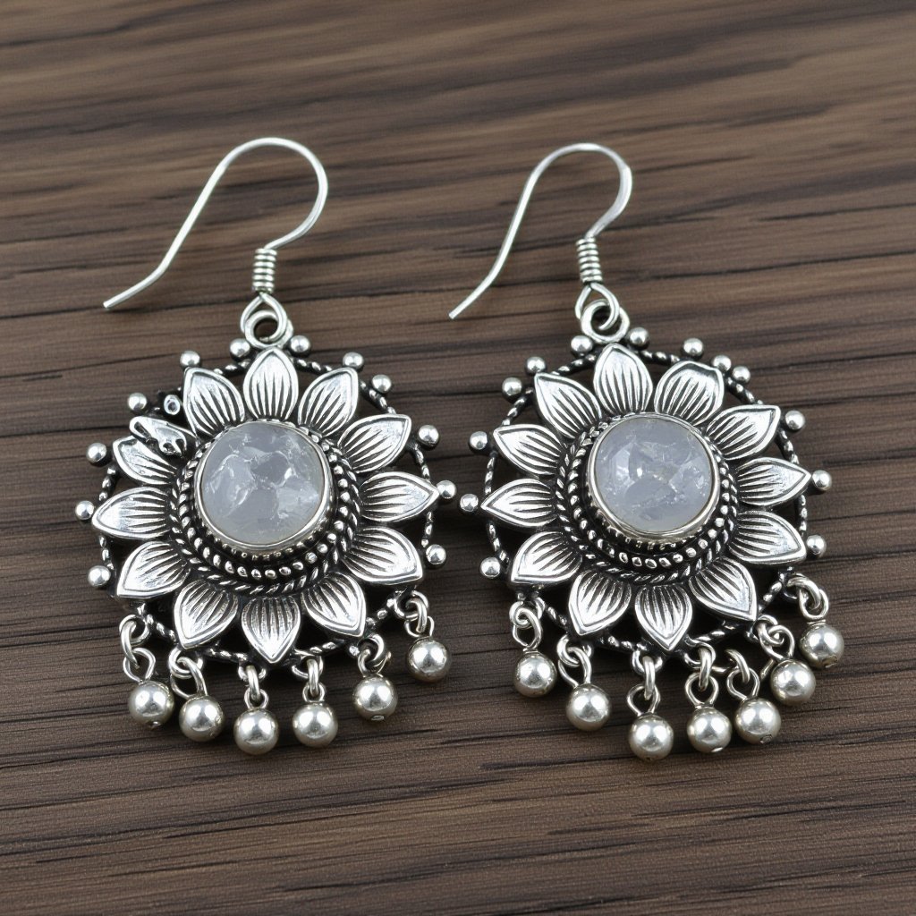 Серьги серебро изящный маленький лотос с необработанным хрусталем в центре