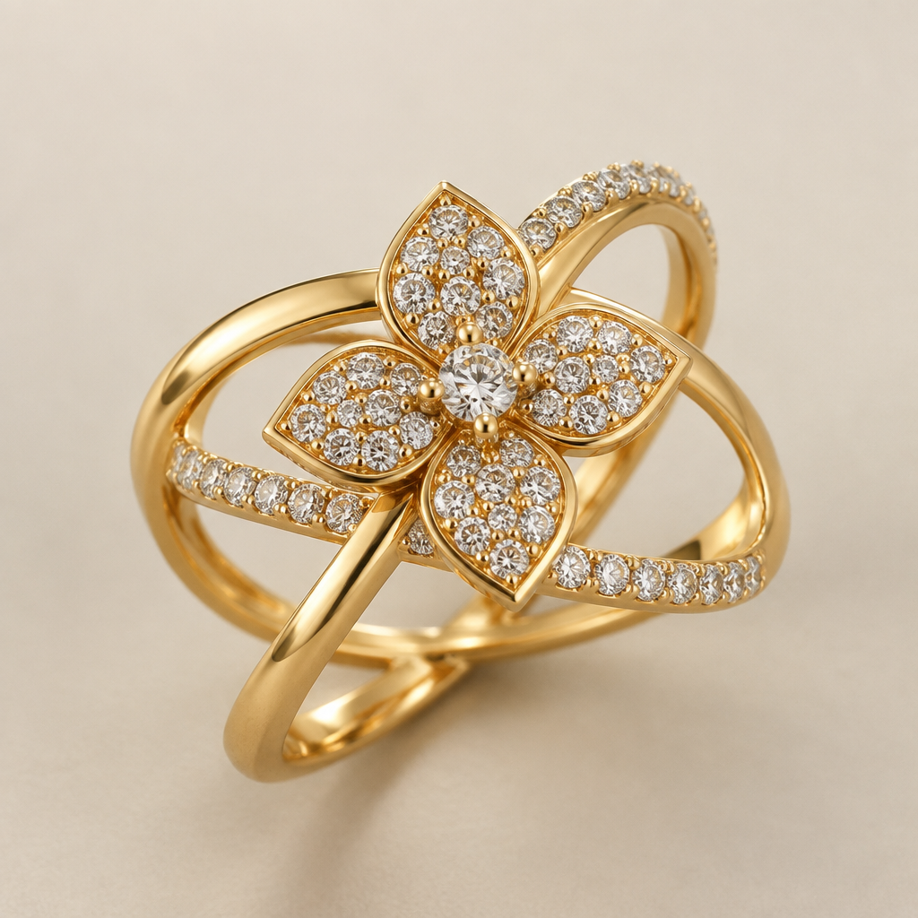 A women's ring made of gold. A gold ring in the shape of a four-petaled rose, its petals studded with jewels, With two intersecting lines of gold firmly holding the four-petaled rose in the middle.
photorealistic jewelry design, A women's ring made of gold. A gold ring in the shape of a four-petaled rose, its petals studded with jewels, With two intersecting lines of gold firmly holding the four-petaled rose in the middle., modern style, just the design no text