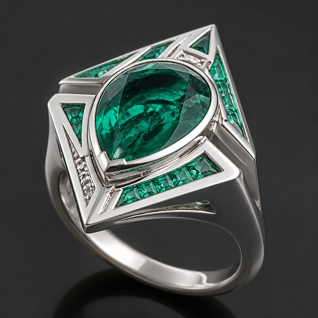 A geometric women's ring made of silver with emerald stones. перстень с большим каплевидным изумрудом
photorealistic jewelry design, A geometric women's ring made of silver with emerald stones. перстень с большим каплевидным изумрудом, geometric style, just the design no text