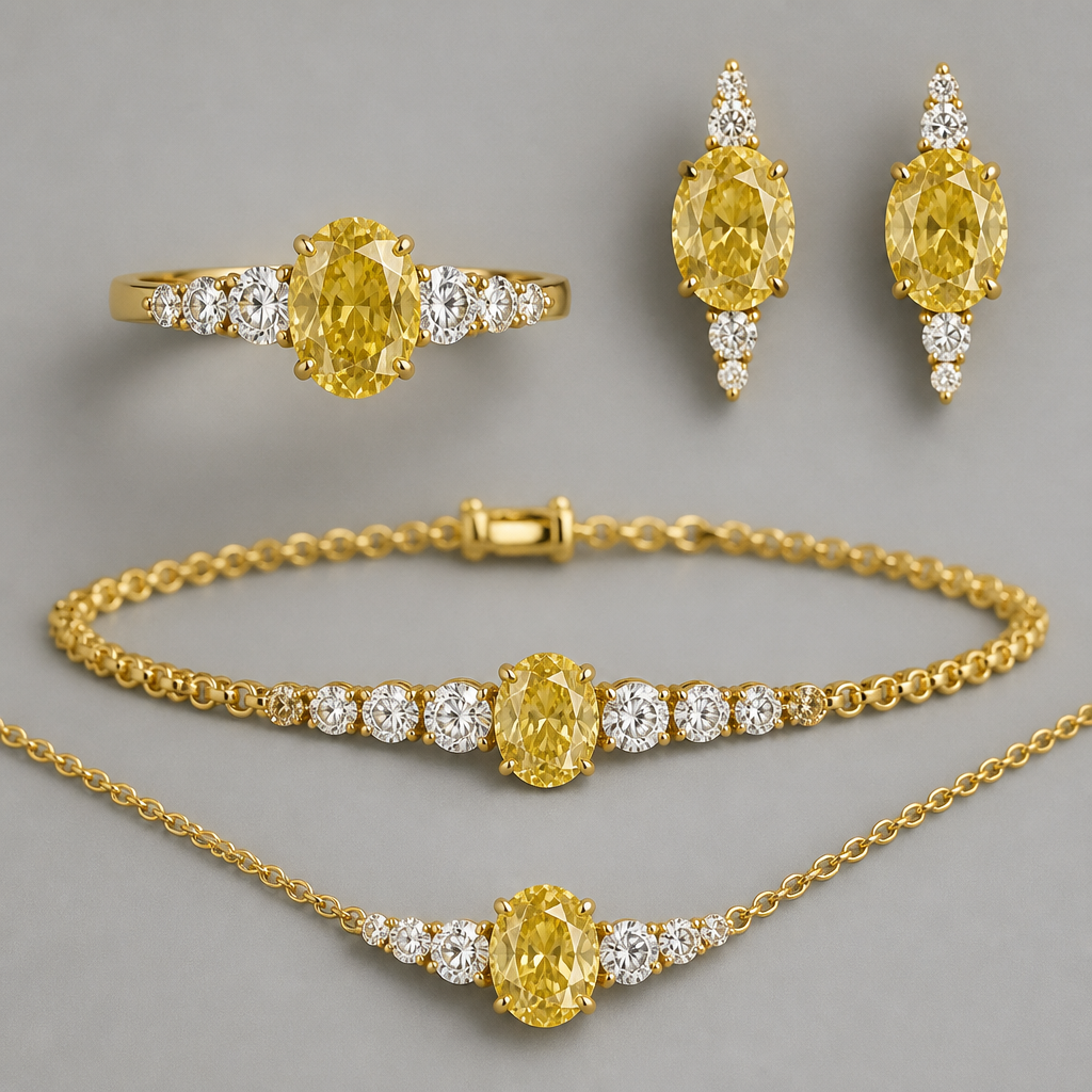 yellow oval diamond with 5 side stones in yellow gold ring, earrings, bracelets and necklace
photorealistic jewelry design, yellow oval diamond with 5 side stones in yellow gold ring, earrings, bracelets and necklace
, just the design no text
